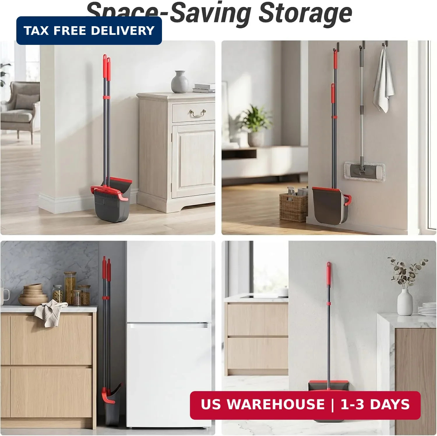 Broom with Dustpan Combo Set, Long Handle Upright Standing Self-Cleaning Broom a