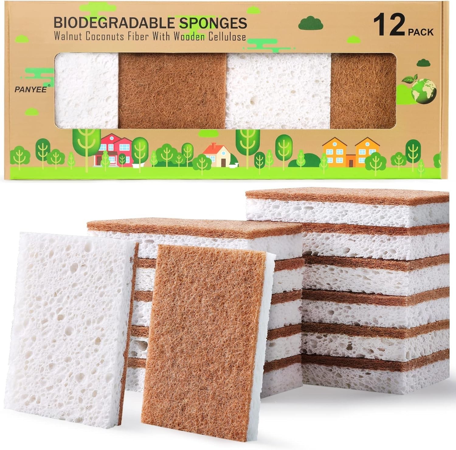 Biodegradable Natural Kitchen Sponge Pack of 12 Eco Friendly Plant-Based Scru…