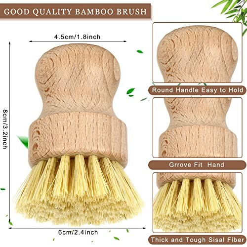 12 Pcs Bamboo Dish Brush – Wooden Scrubber Sisal Bristle Kitchen Wood Brushes