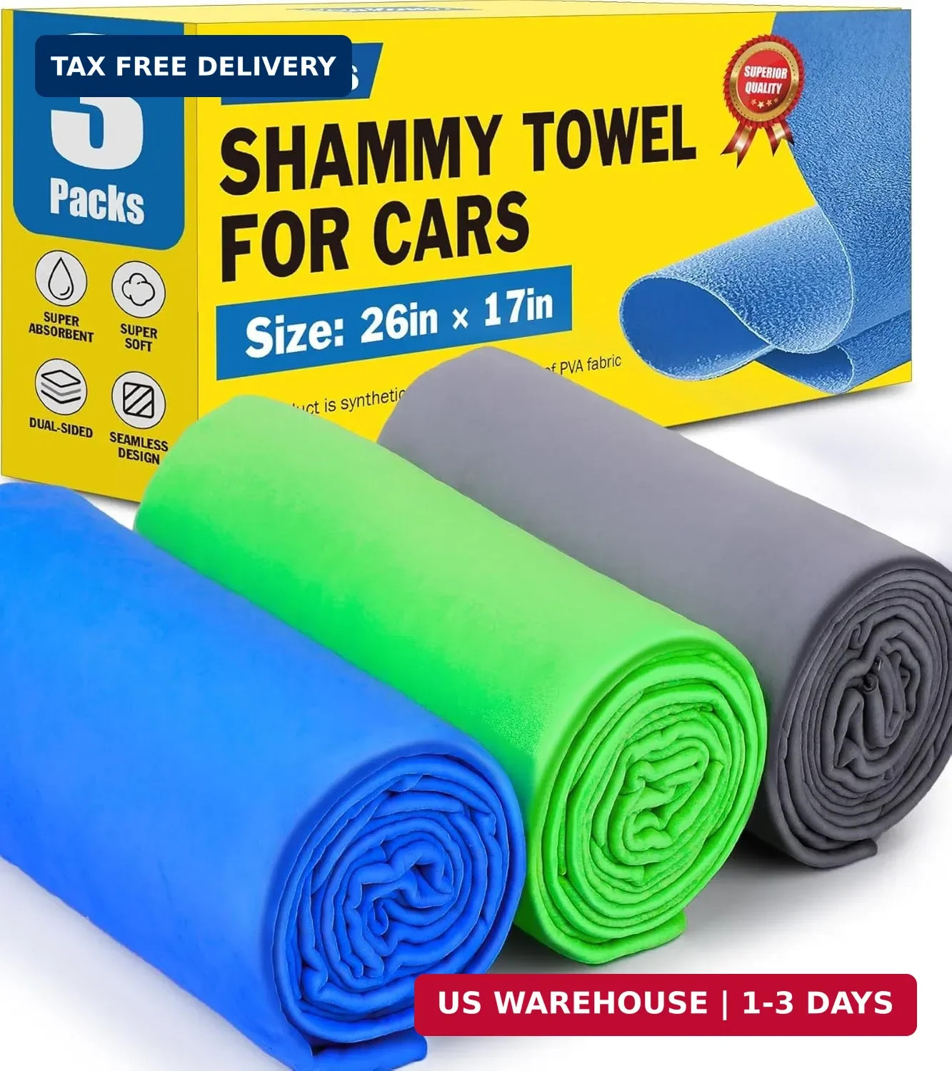 3 Pack Premium Chamois Towel for Car, 26″x17″ Shammy Cloth for Car Drying, Super