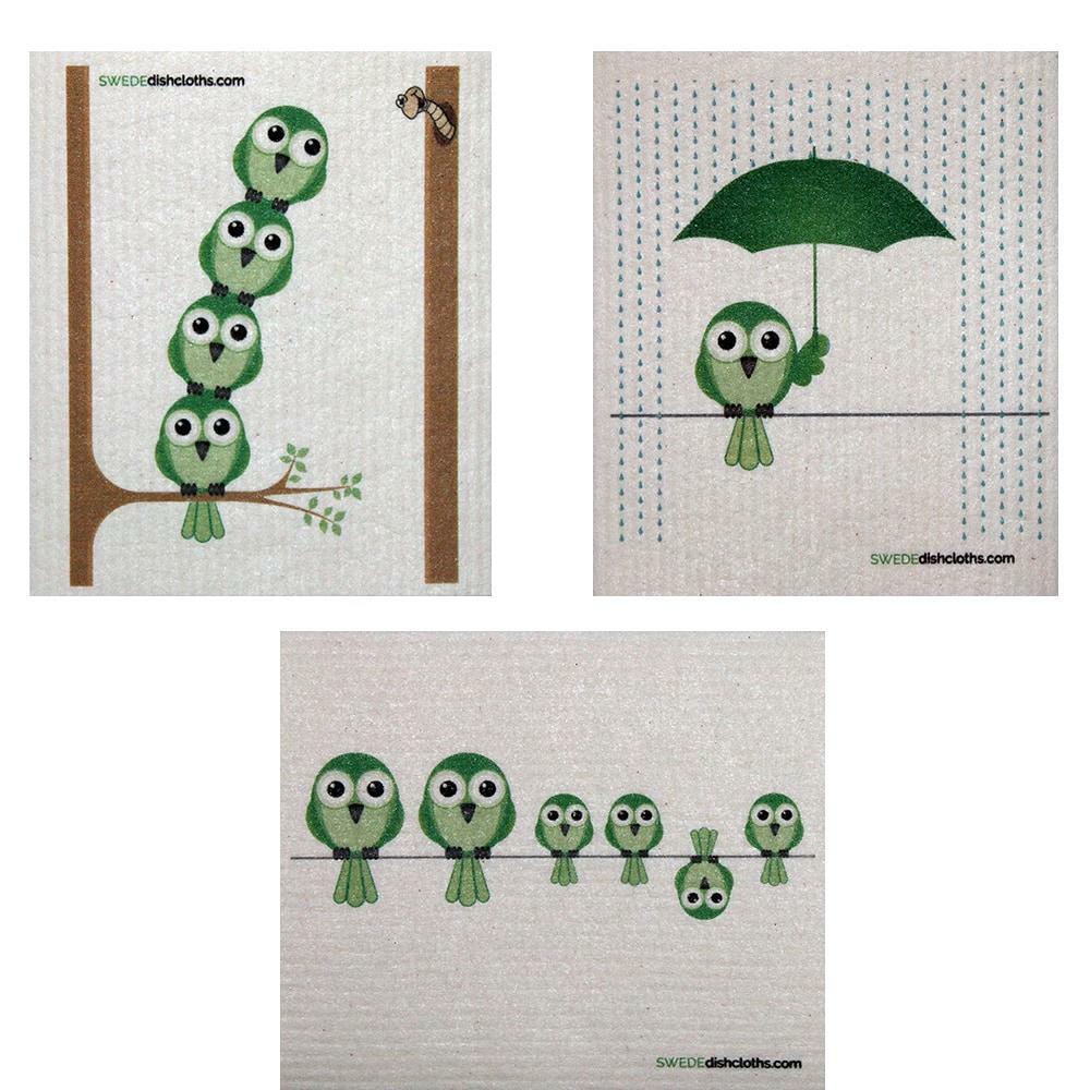 Swedish Dishcloth Set of 3 each Swedish Dishcloths Mixed Greenbirds Design