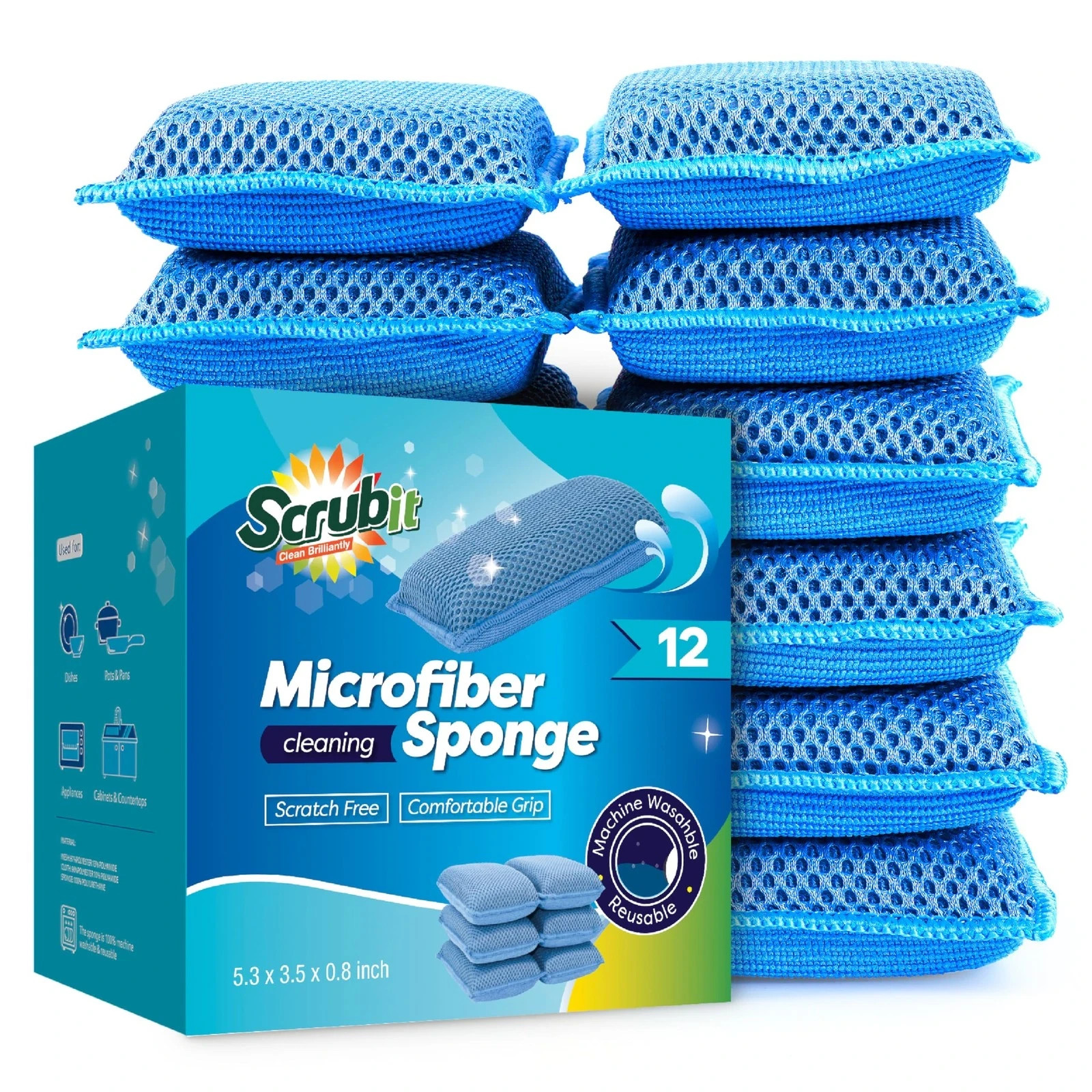 Reusable Sponges for Dishes – 12 Pack Microfiber Sponges Kitchen Dish Scrubbe…