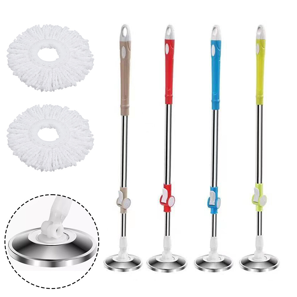 360° Rotating Spinning Mop Pole Handle Replacement with 2x Microfiber Mop Heads