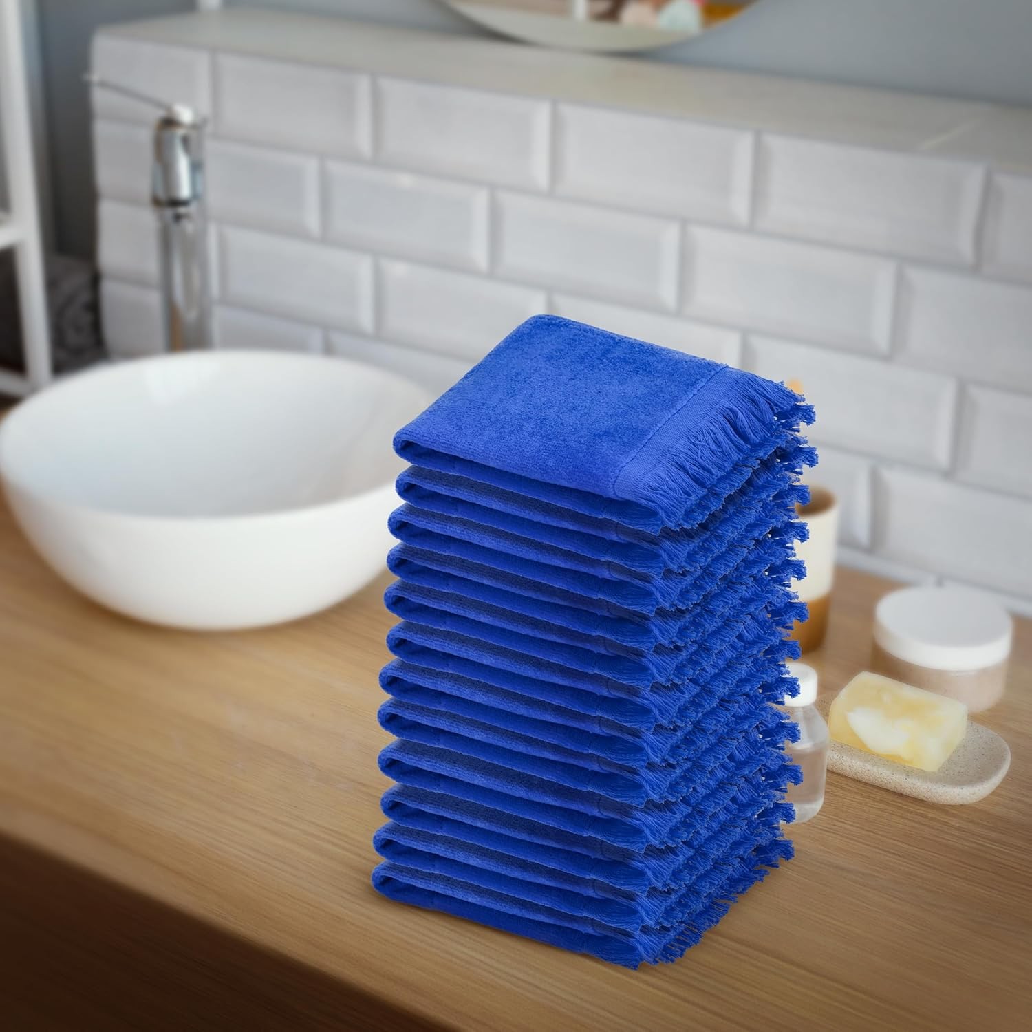 12 Pack – Hemmed Fringed Reversible Fingertip Terry Towel (Size 11″ W x 18″ L),