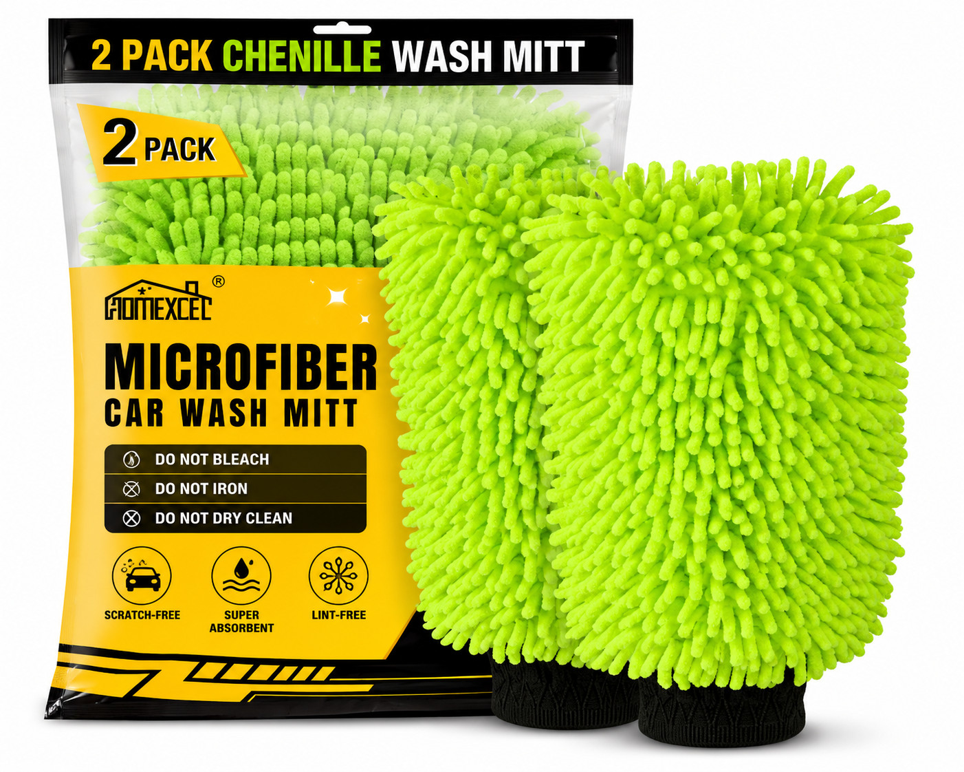 Car Wash Mitt, 2PK Chenille Microfiber Wash Mitt, Scratch-Free & Lint-Free, Rich