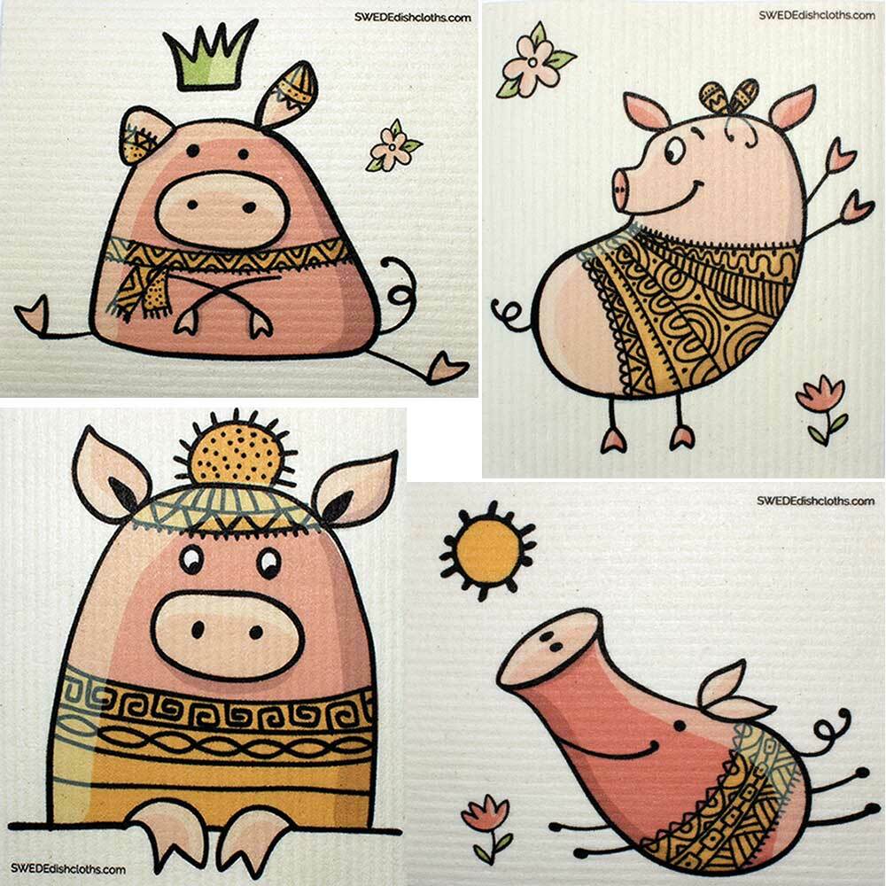 Mixed Cute Pigs Set of 4 cloths (One of each design) Swedish Dishcloths ECO Abs
