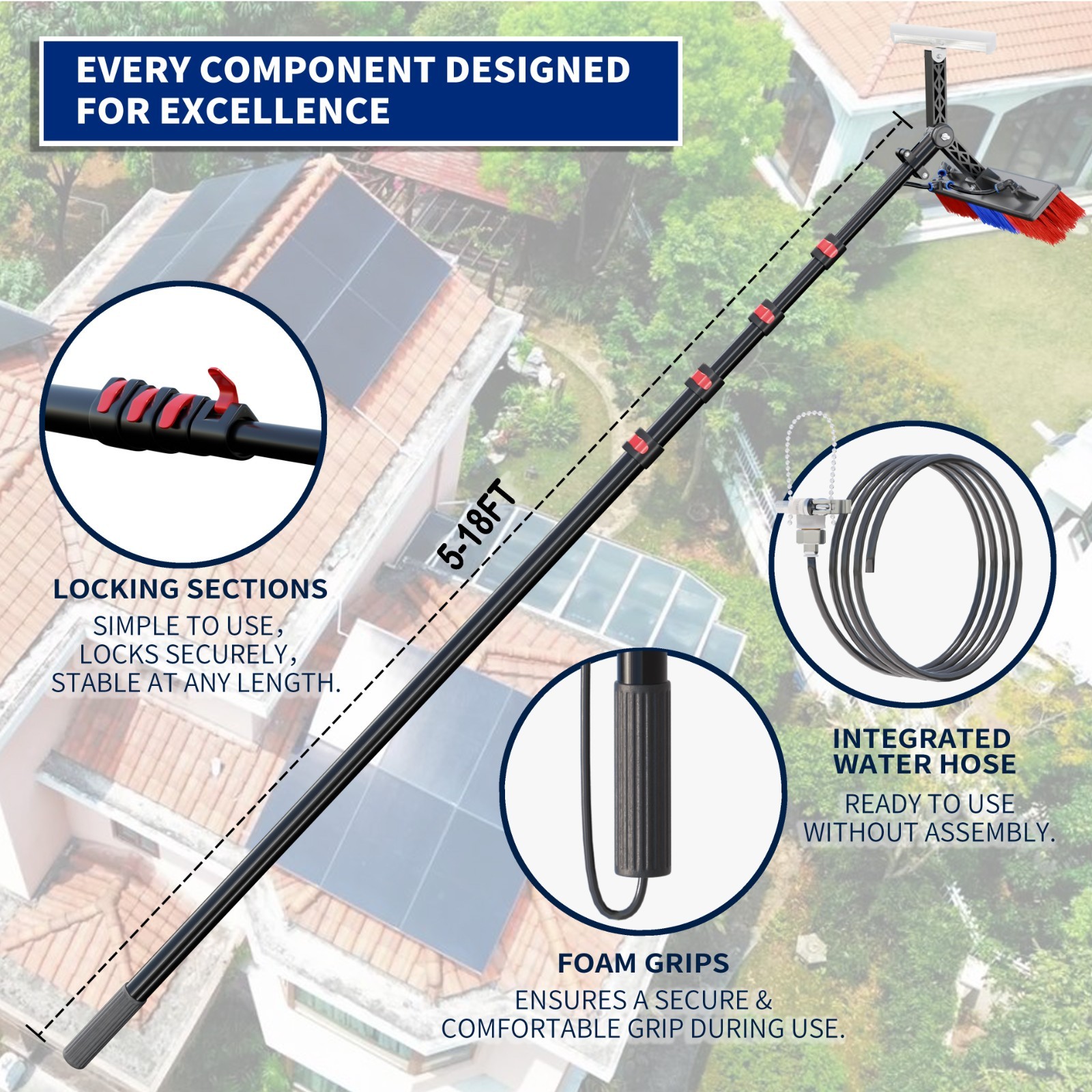 24FT Solar Panel Cleaning Brush&Squeegee Kit Proffesional Window Washing Tool