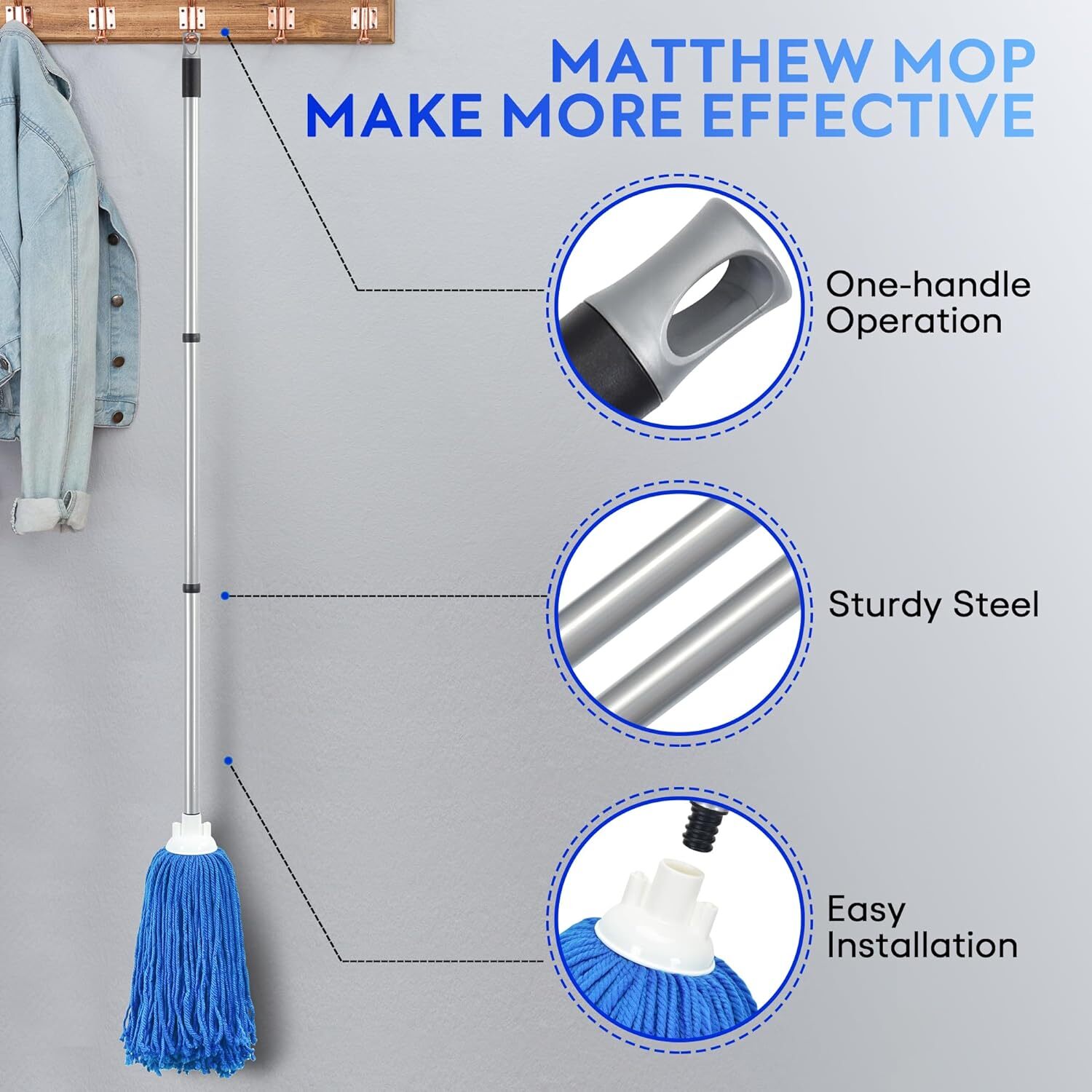 Microfiber Mop with 54″ Stainless Steel Spin Handle Incl. 2Pcs Microfiber Cloth