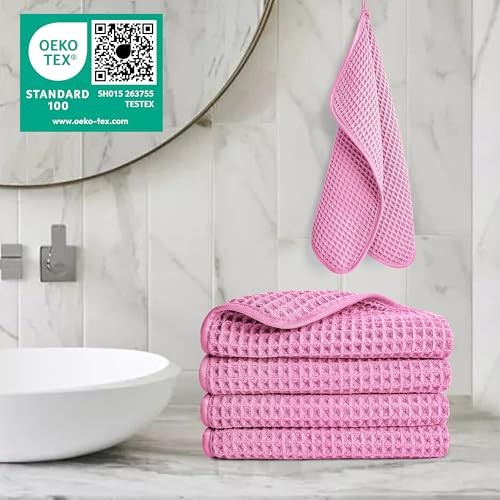 430 GSM Microfiber Lint Free Washcloth Face Towel, 13 x 13 in, 4 Pack Pink