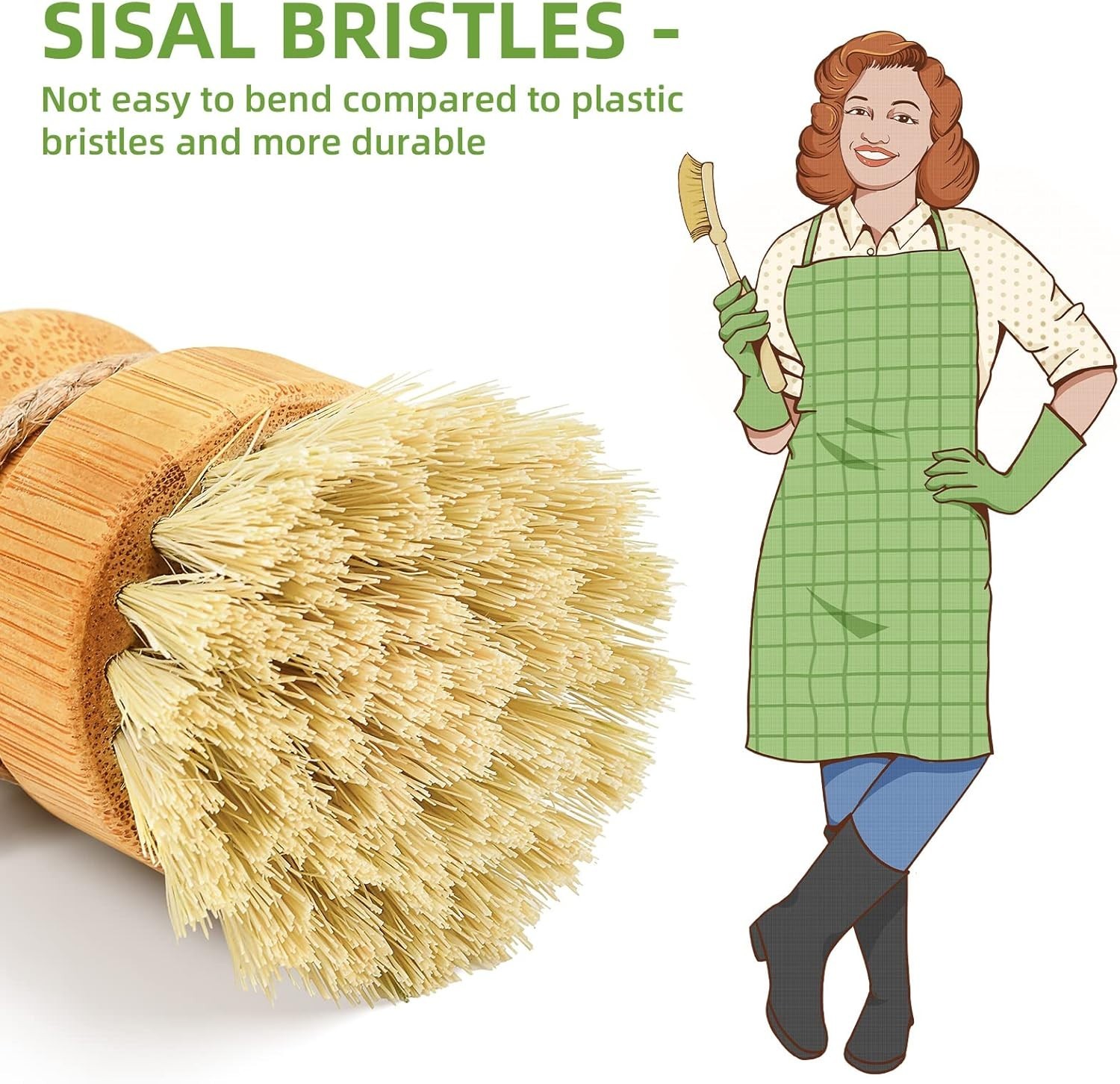 Set of 3 Bamboo Dish Scrub Brushes Natural Sisal Bristles Compatible with Cas…