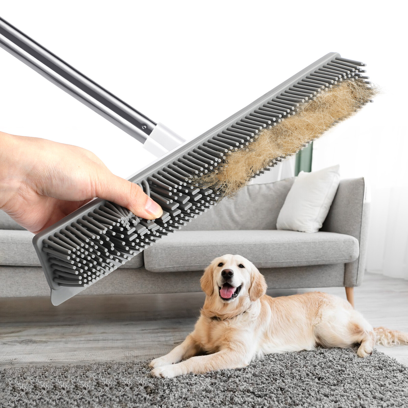Rubber Silicone Broom Pet Hair Remover, with Telescoping Handle 31 in to 58 inch