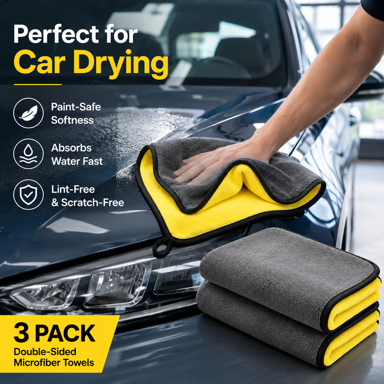 3 Pack 30x60cm Dual-Sided Microfiber Car Drying Towels Absorbent Lint-Free