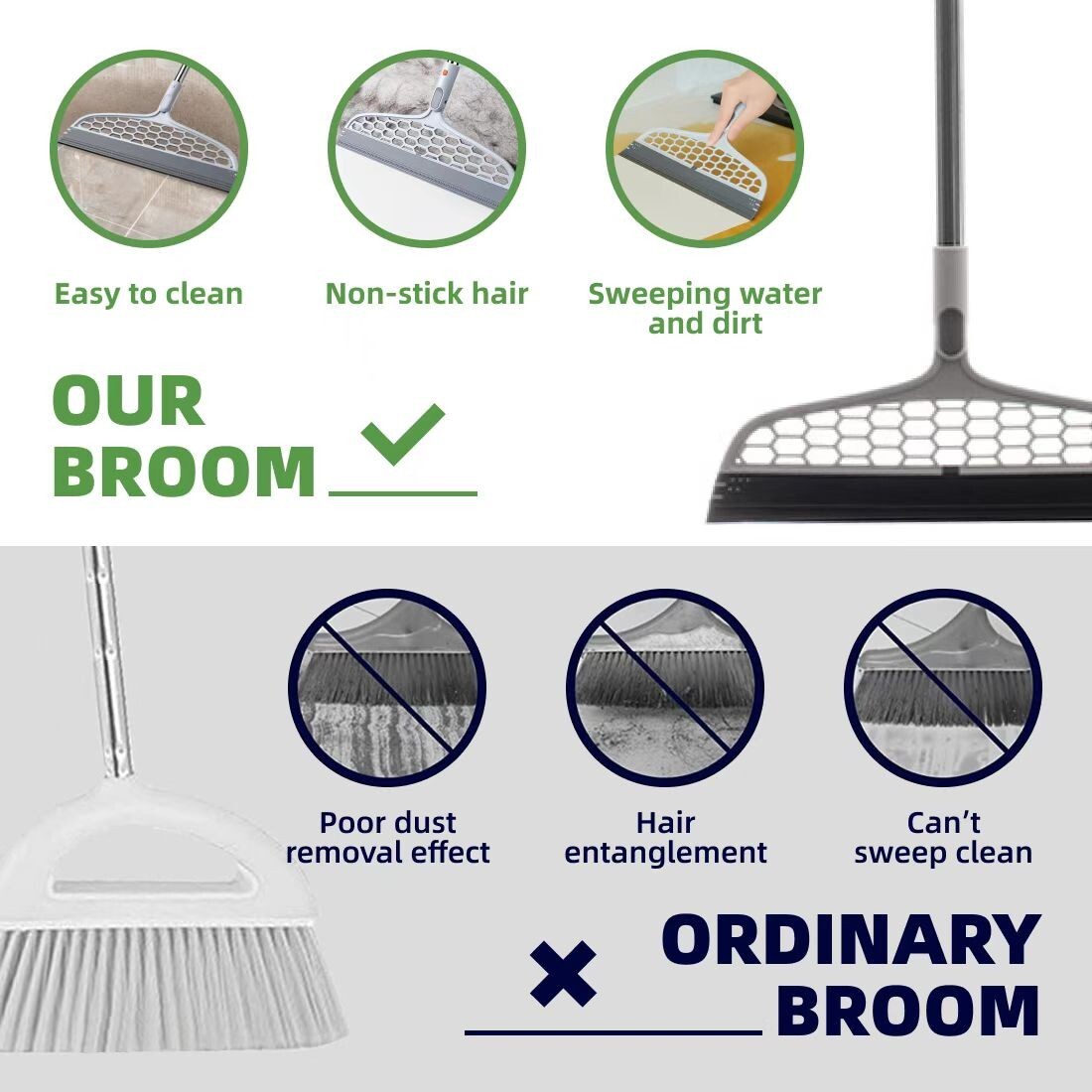 2 In 1 Adjustable Magic Broom Pet Hair Remover W/ Mini Squeegee Extended Length