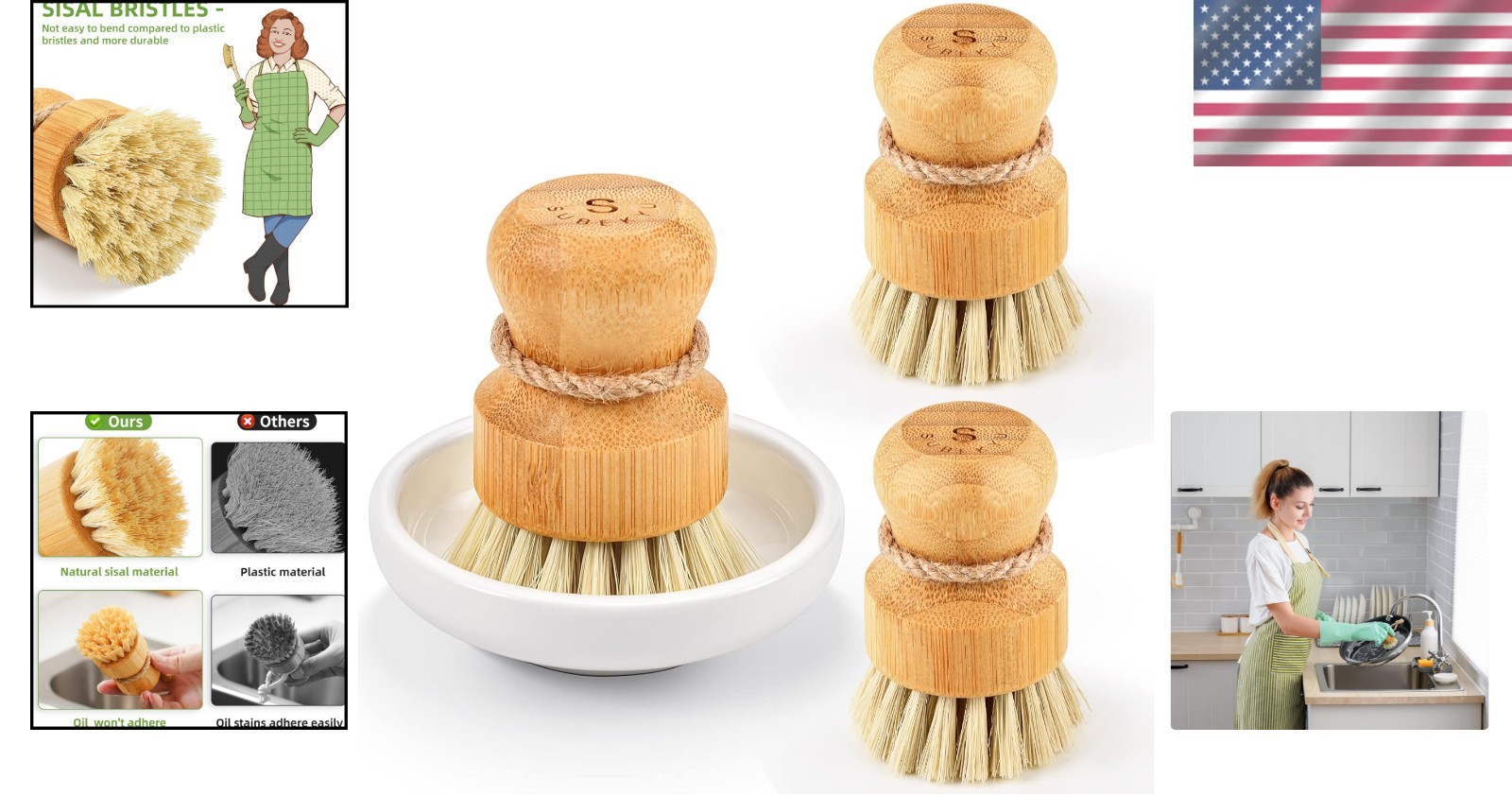Bamboo Dish Scrub Brushes Set for Kitchen Cleaning Sisal Bristles 3pcs