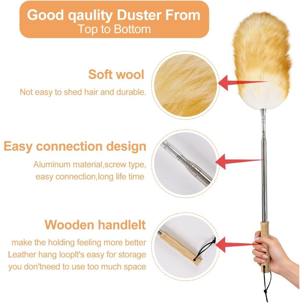Extendable Lambswool Feather Duster 31-88 Inch, Anti-Static Wool Duster for