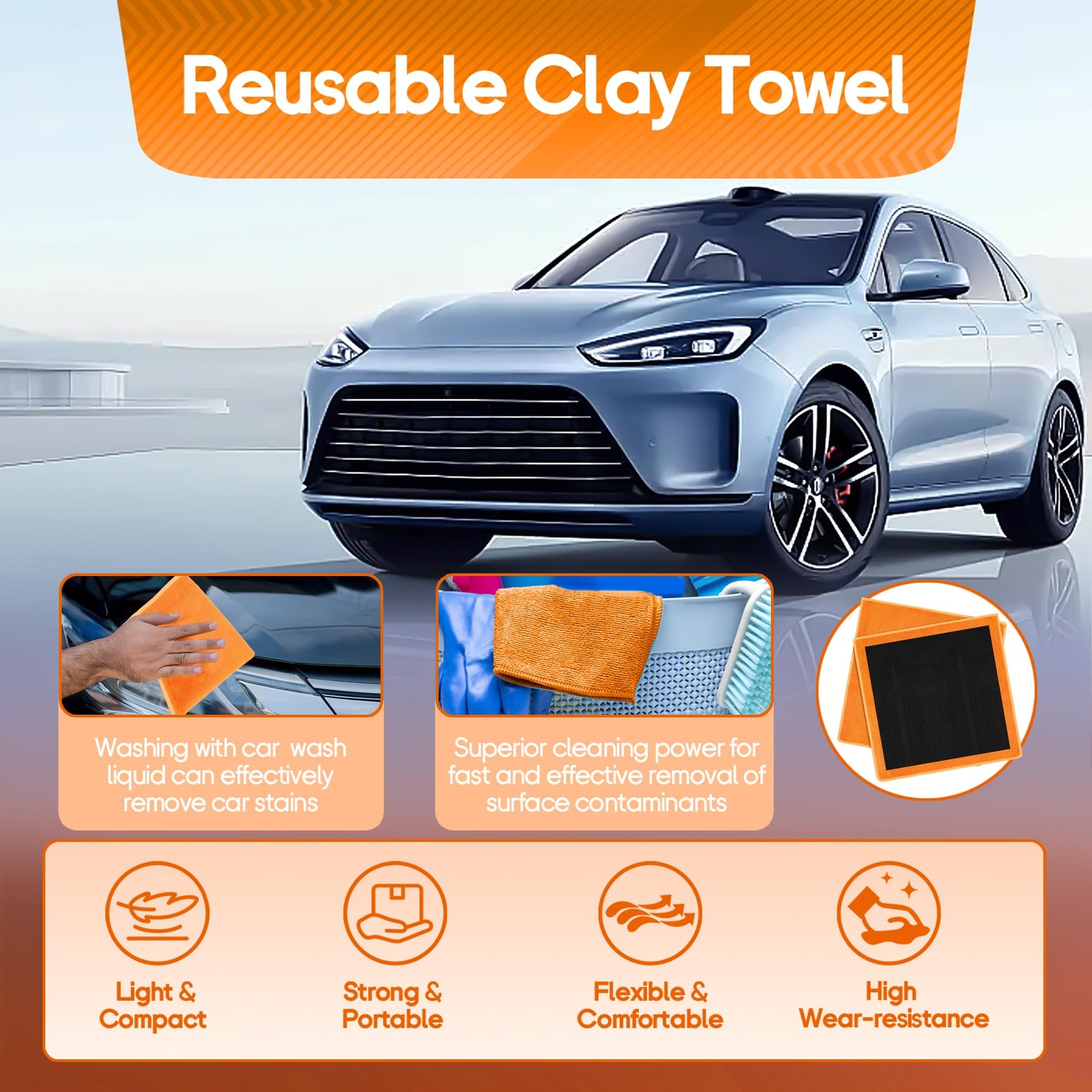 Anglekai 2PCS Clay Towel Auto Detailing, Bar 11.8 x inches, Orange