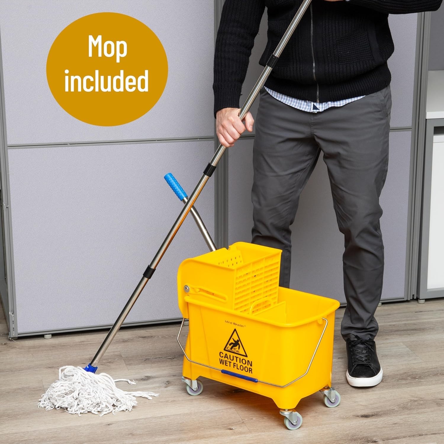 Mind Reader Floor Cleaning Bucket with Wringer and Mop Set – Yellow with Wheels