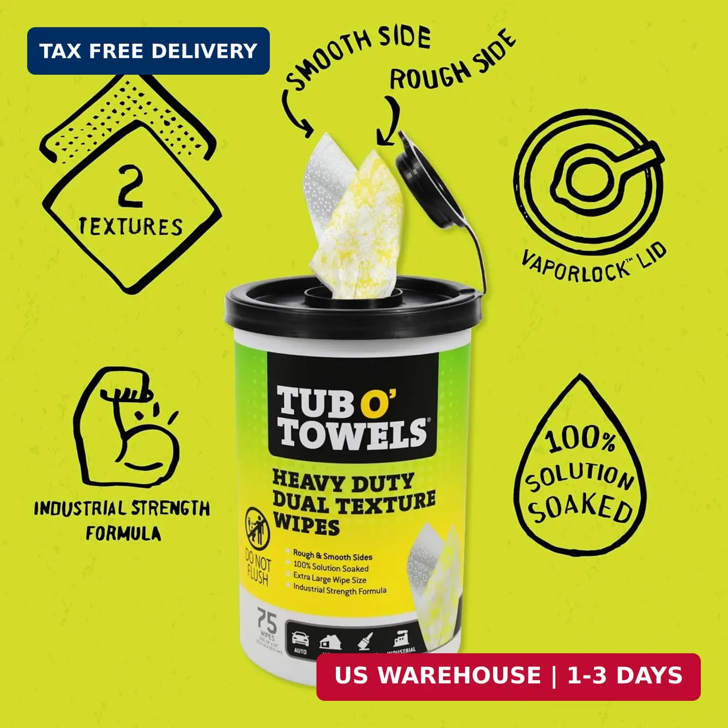 Tub O’ Towels TW75 Heavy-Duty 10″ x 12″ Size Multi-Surface Cleaning Wipes, Dual