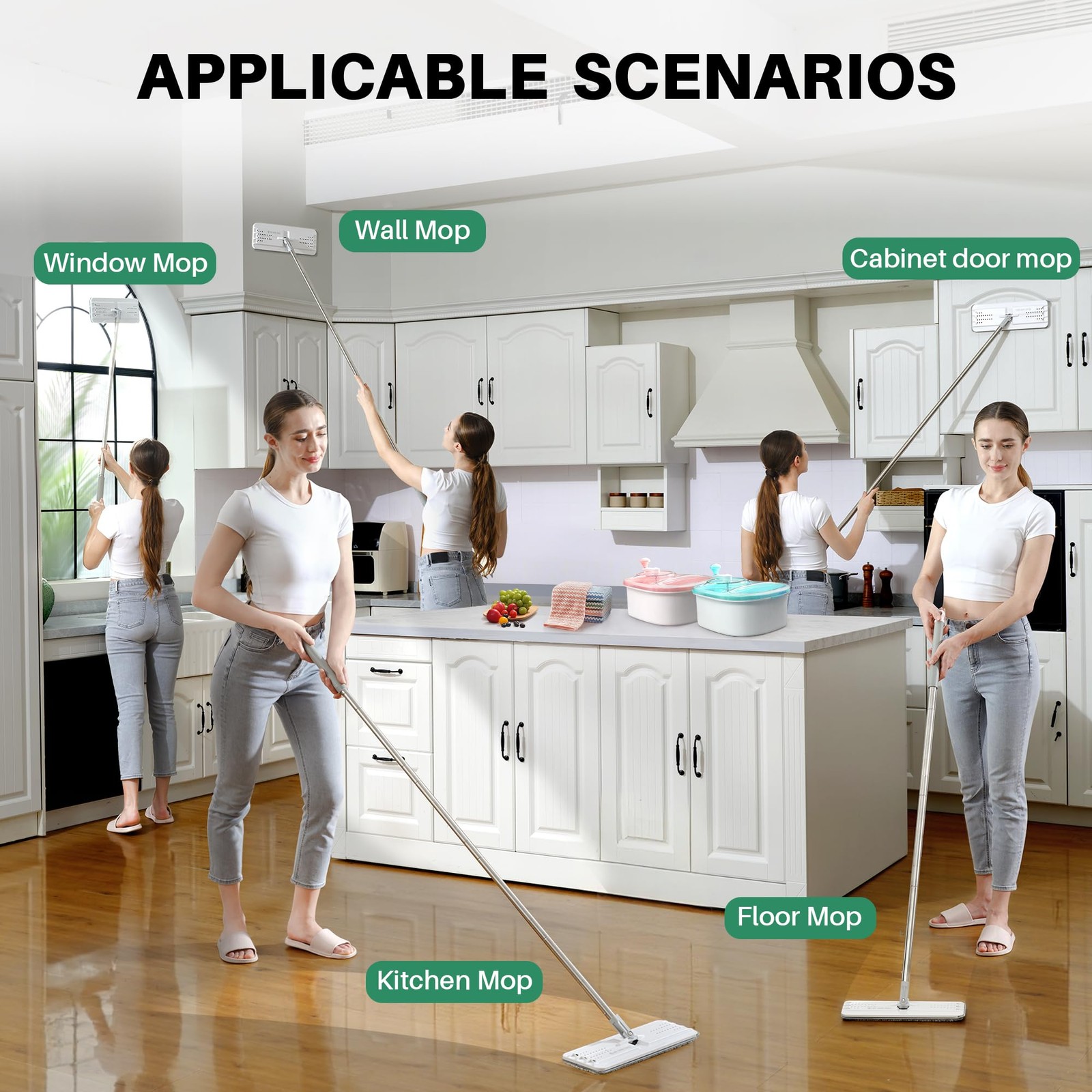 White Flat Mop Microfiber Floor Wall Cleaner 60 Inch Handle 15 Inch Head