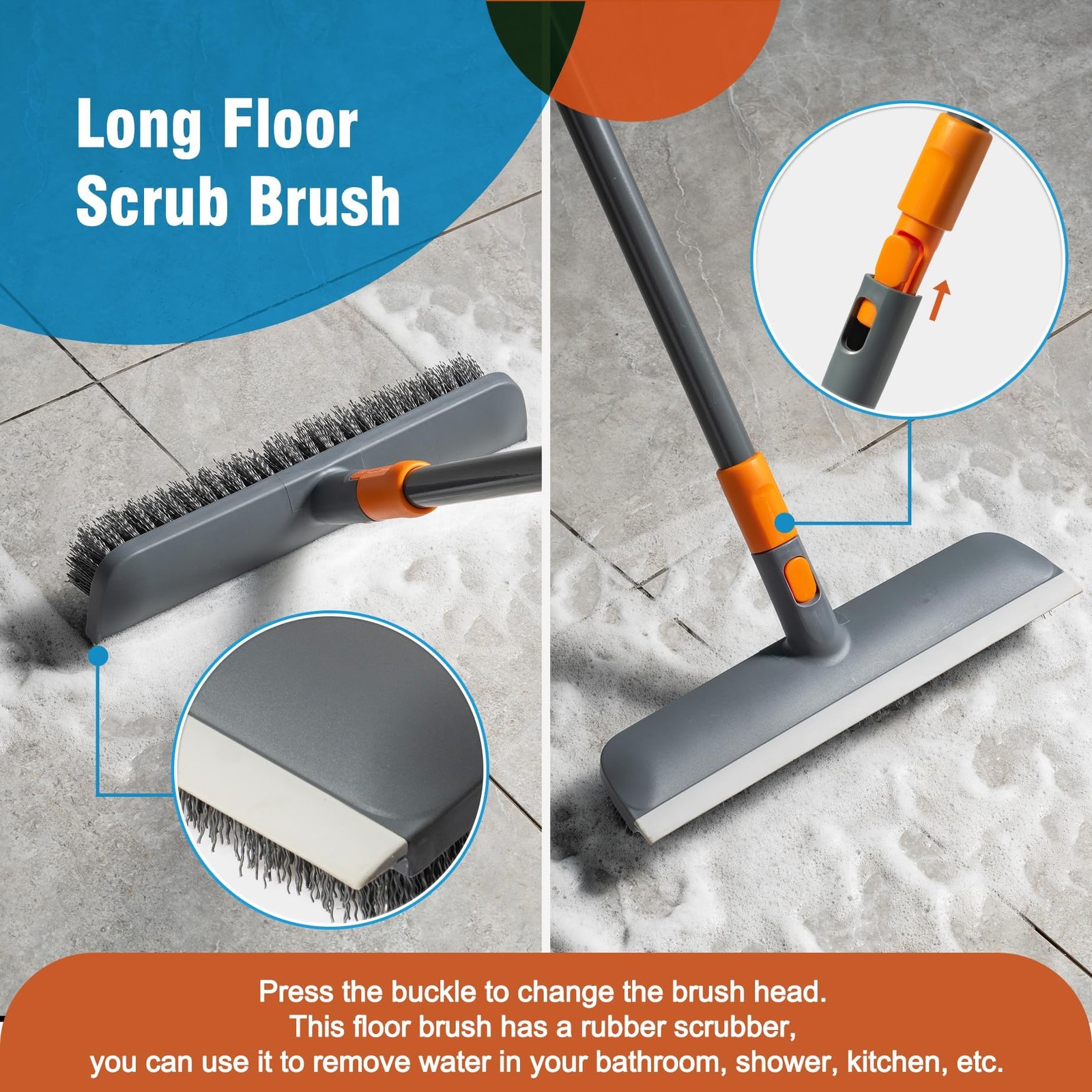 4in1 Extendable Floor Scrub Brush 180 Rotate Tub Tile Squeegee