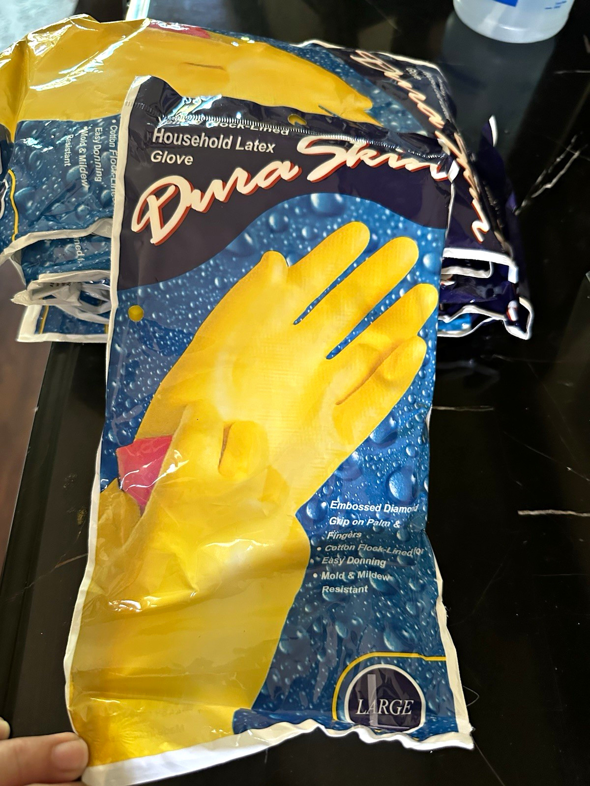 Dura Skin Latex Cleaning Gloves Large Yellow Cotton Flock-Lined Easy Grip
