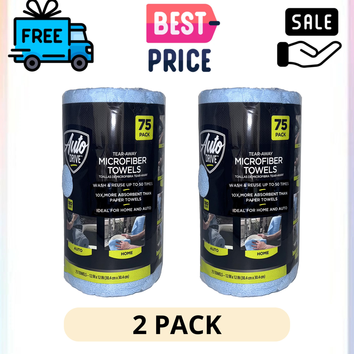 (2 Pack) Auto Drive Microfiber Towel Roll 75 Count Tear Away Car Wash Cleaning