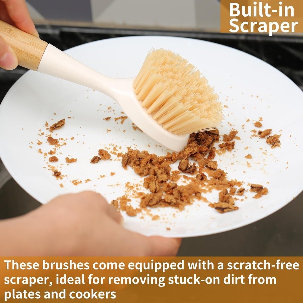 2 Pack Dish Scrubber Brush with Bamboo Handle and Built-in Scraper for Pots Pans