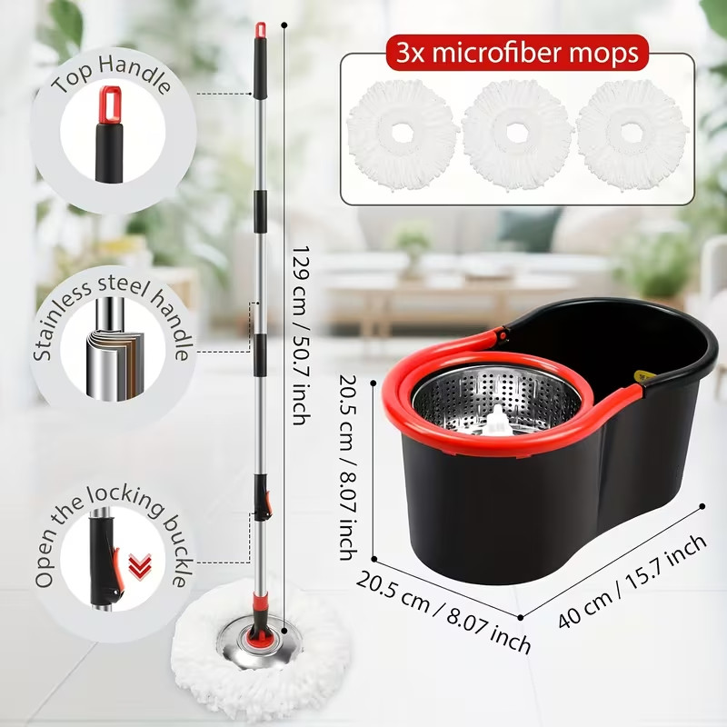 Spin Mop and Bucket with Wringer Set, 360° Spinning Mop System 3 Mop Refill