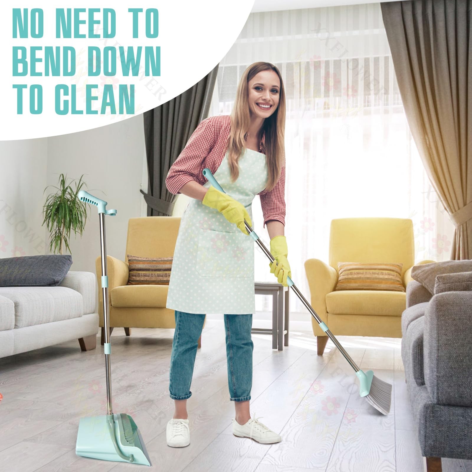 Broom and Dustpan Set with Cleaning Teeth, 55″ Long Handle Indoor Sweeping Co…