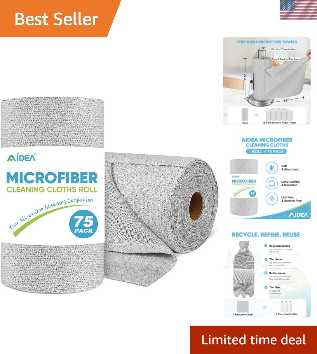 Microfiber Cleaning Cloth Roll, Grey 75PK, Reusable Paper Towels Tear Away Cl…