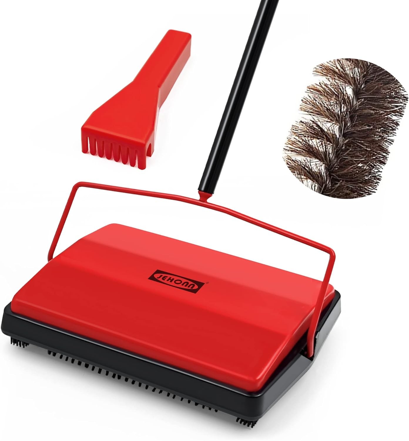 Carpet Floor Sweeper with Horsehair Brush Adjustable Handle Red Non-Electric