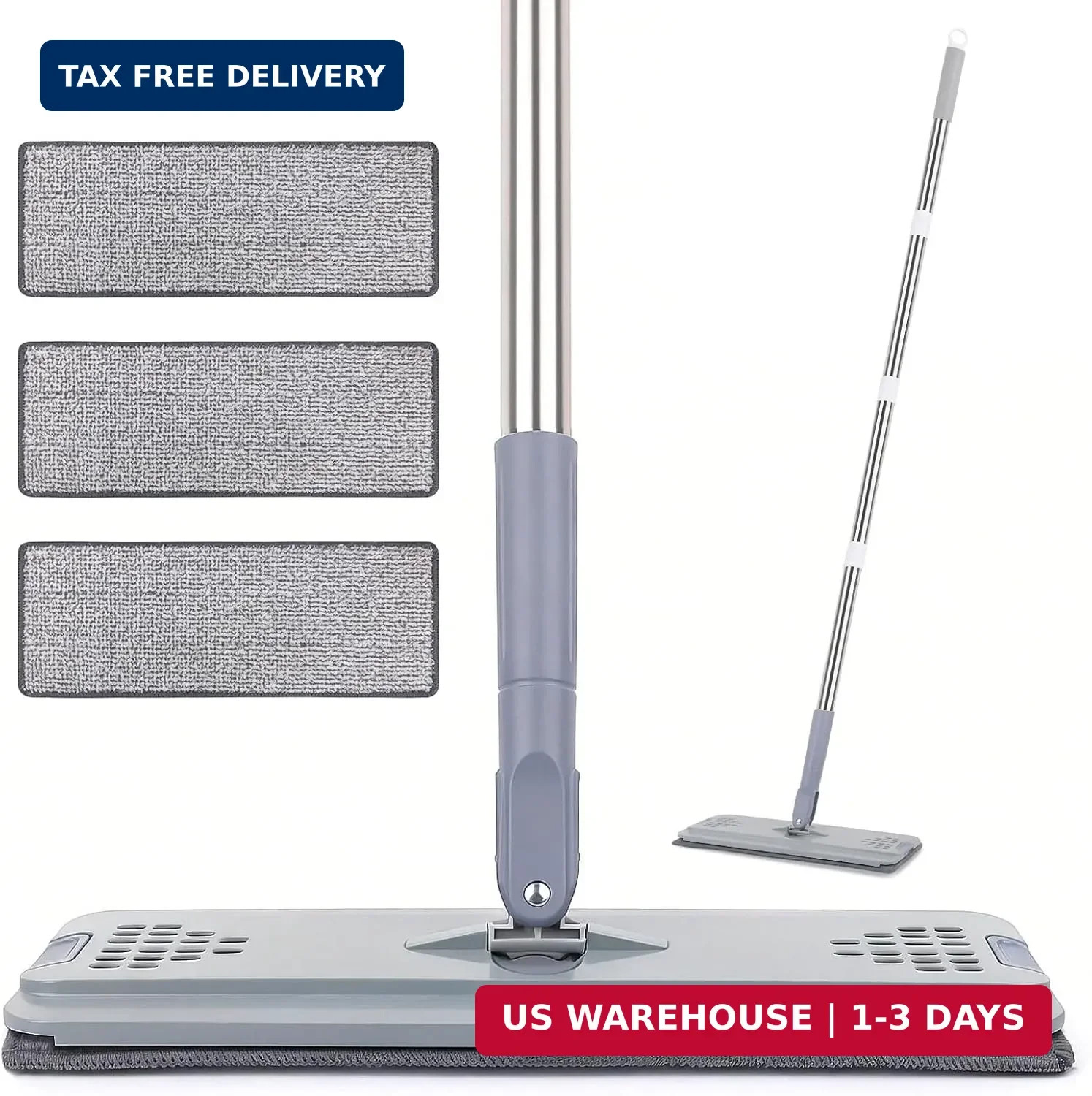 Flat Mop with 3 Pads, Microfiber Mops for Floor Cleaning Adjustable Handle 29-49