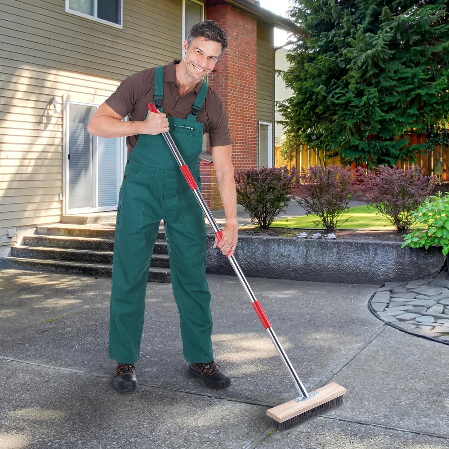 Heavy Duty Wire Broom with Telescopic Handle Outdoor Floor Scrub Brush for Patio