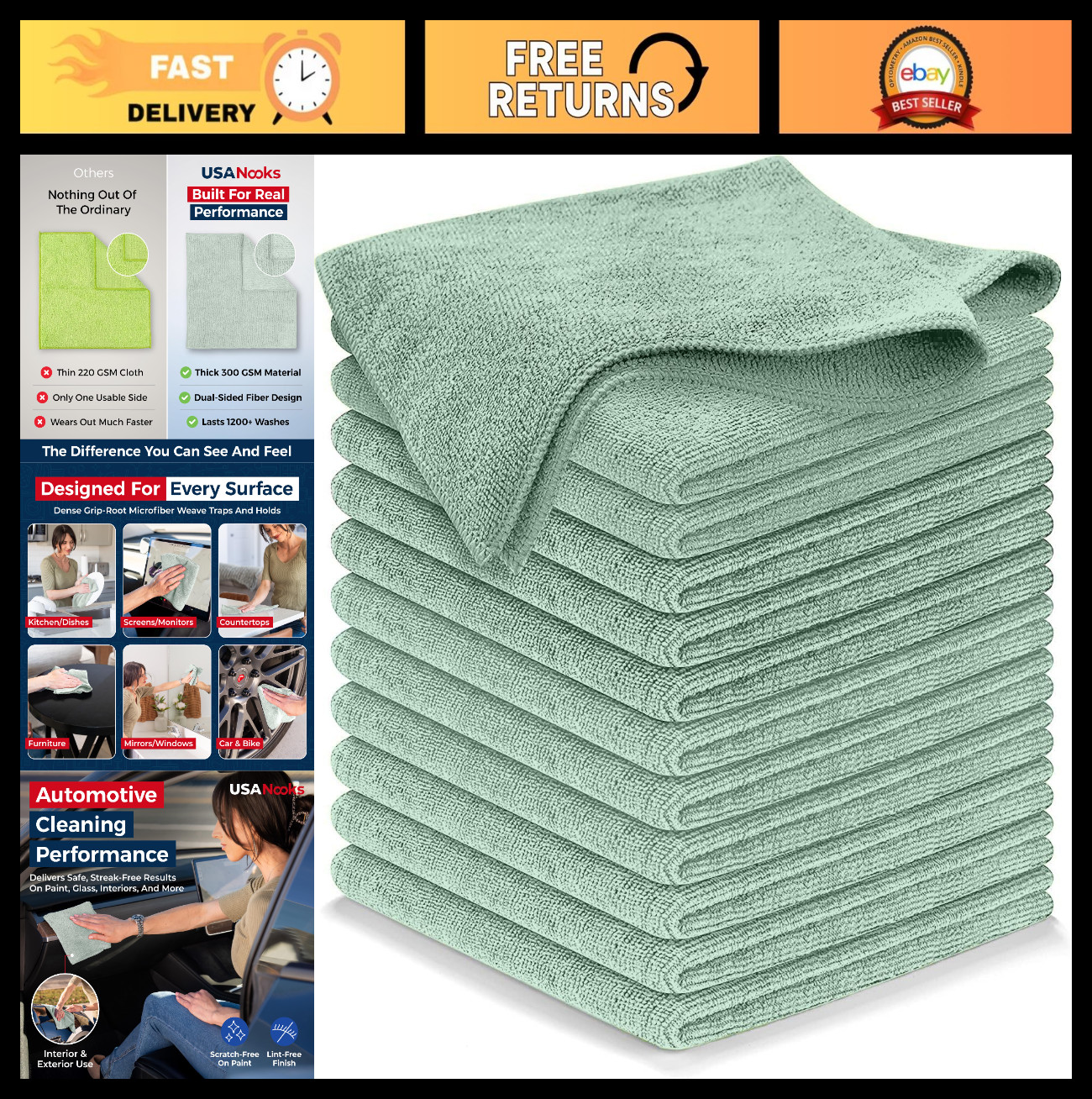 Microfiber Cleaning Cloths – 12 Pack Sea Green, Ultra Absorbent, Streak-Free Shi
