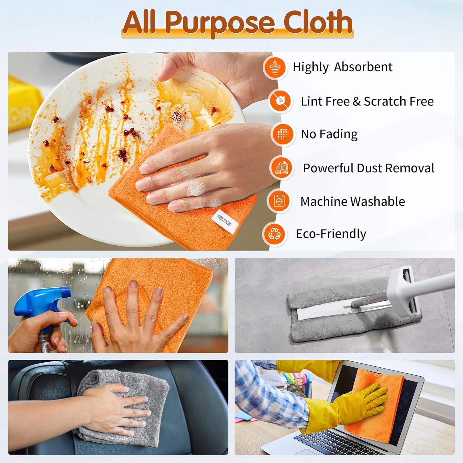 Microfiber Cleaning Cloth -Pack of 12, Highly Absorbent Cleaning RagsGrey&Ora…