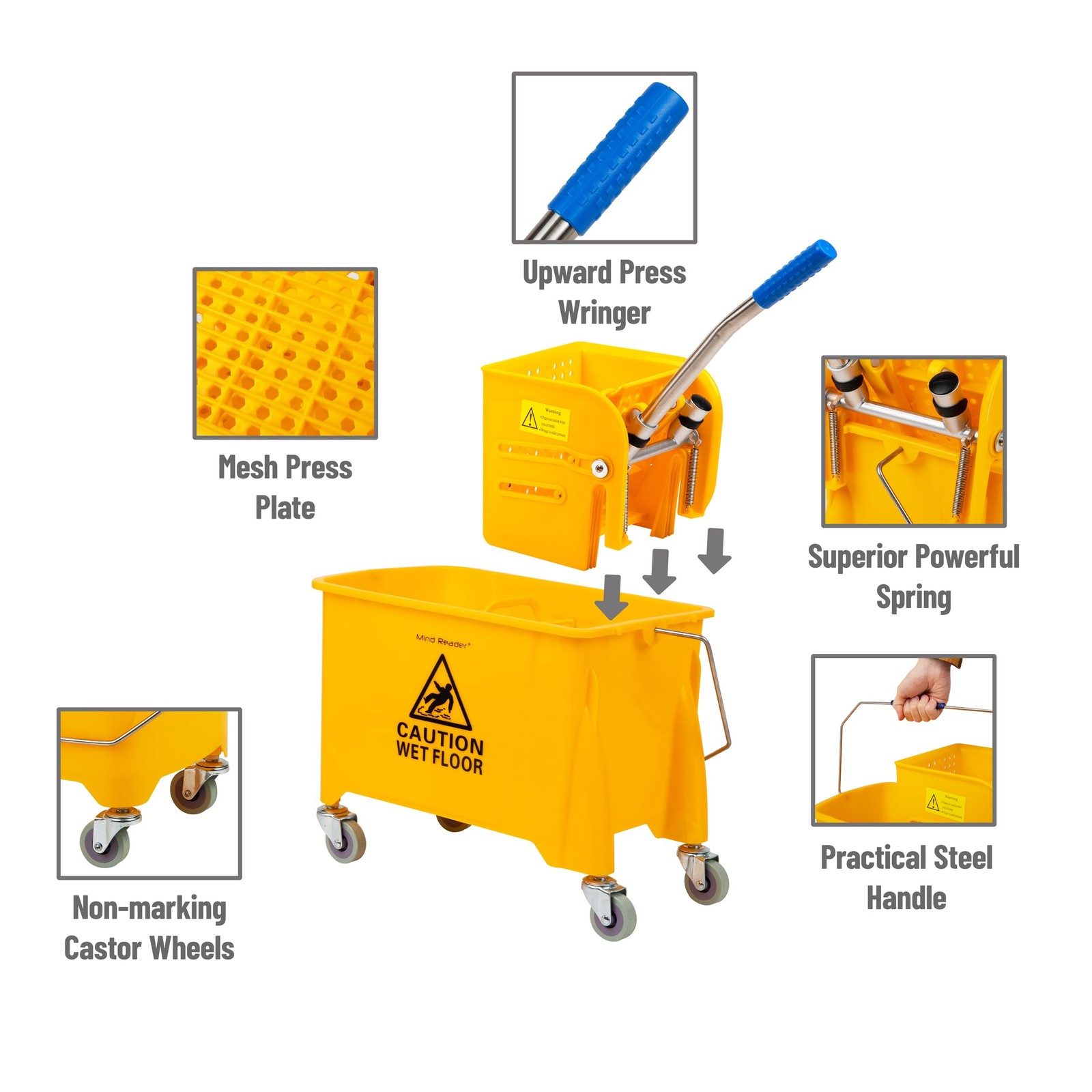 Mind Reader Mop Bucket, 22 Qt (5.5 Gallon) 16.25″L x 10.75″W x 24.5″H, Yellow