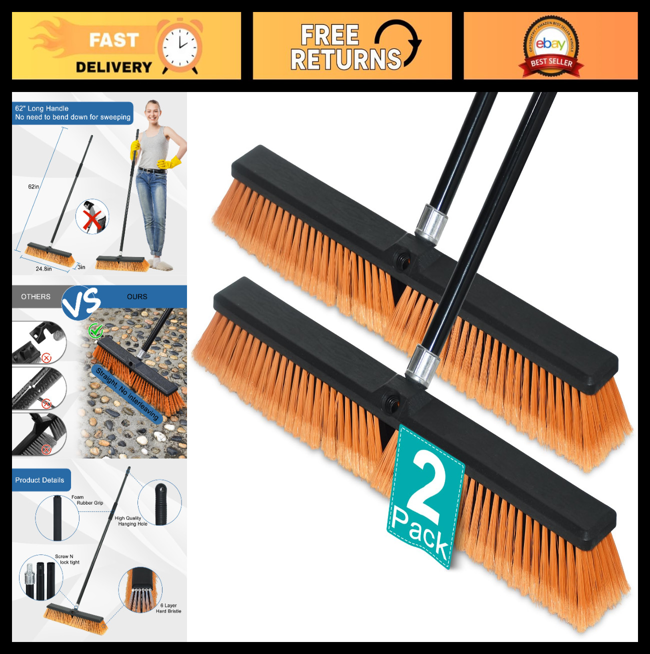Heavy Duty 24″ Push Broom with 60″ Handle – Outdoor/Indoor Cleaning Tool, 2 Pack