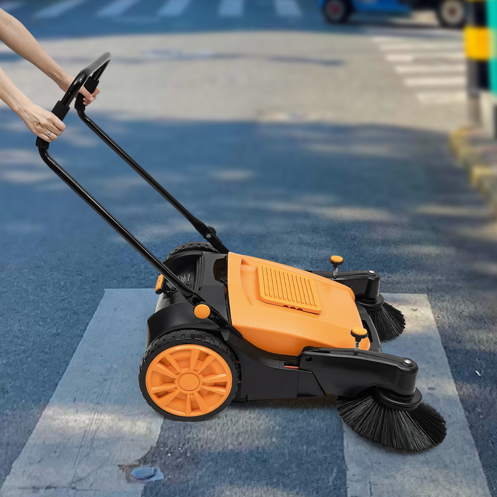 Walk-Behind Pavement Street Sweeping Tool Cleaner Floor 55L 41″Hand Push Sweeper