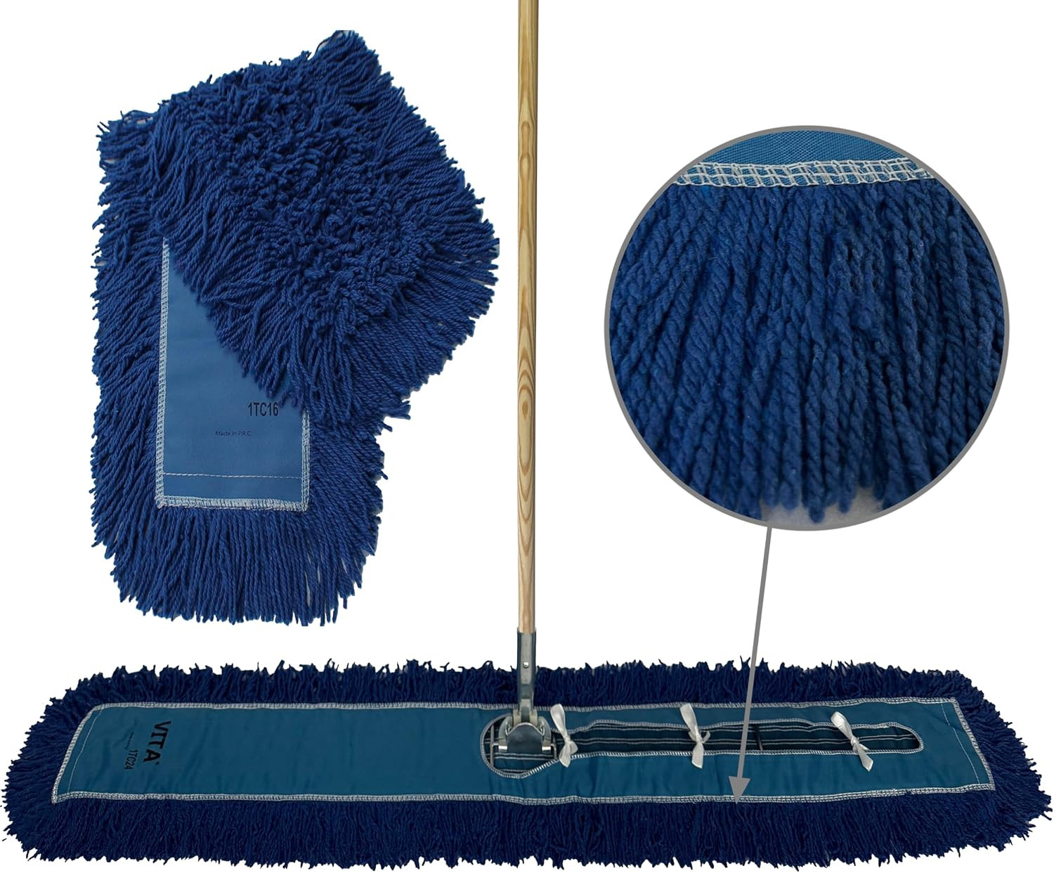 Industrial Dust Mop Kit – Includes 60 Inch Blue Twisted Closed Loop Mop Head, Wo