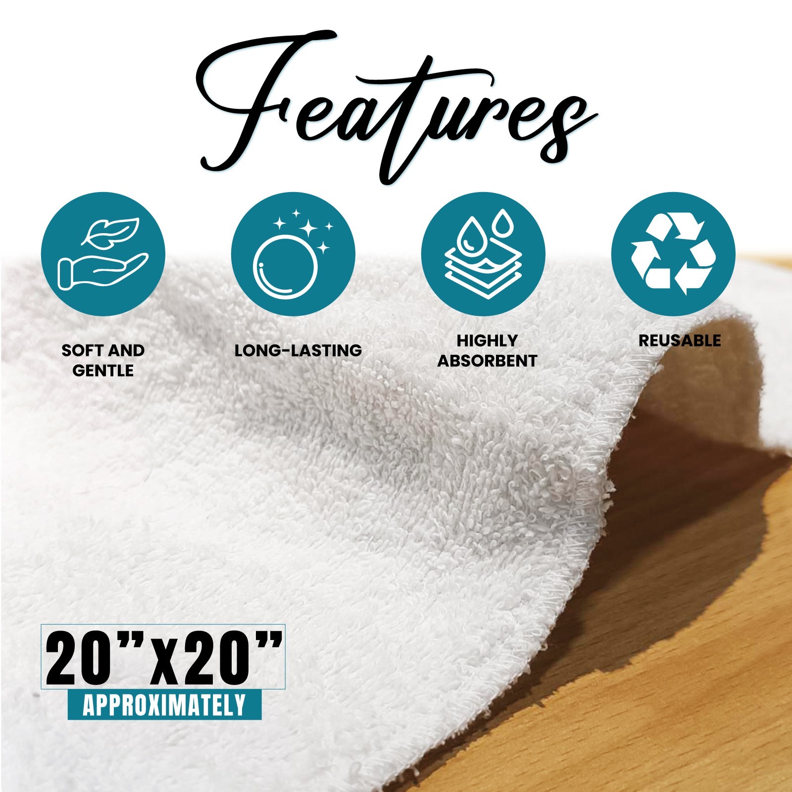 New Terry Towels for Cleaning – 20″x20″ White Cotton Rags for Garage, Shop
