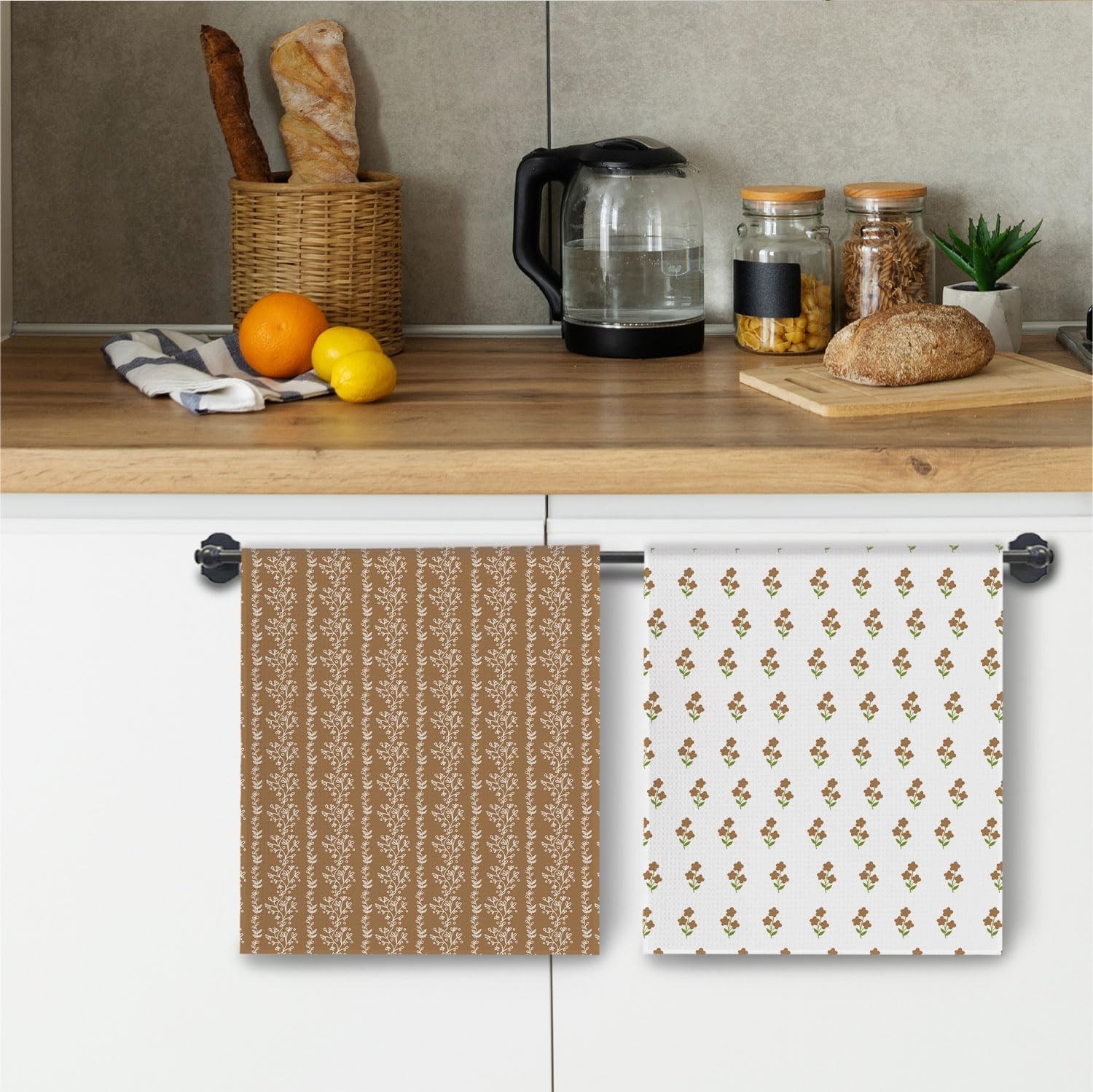 Boho Floral Checkered Kitchen Towels, Brown and White Plaid Dish Towels Drying