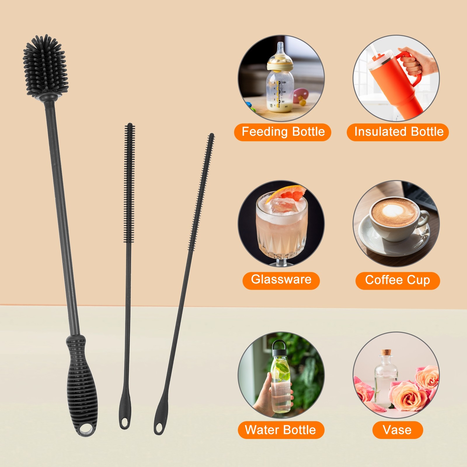 12.5″ Silicone Bottle Brush with 2 Straw Brush, Bottle Cleaner Brushes, Gray