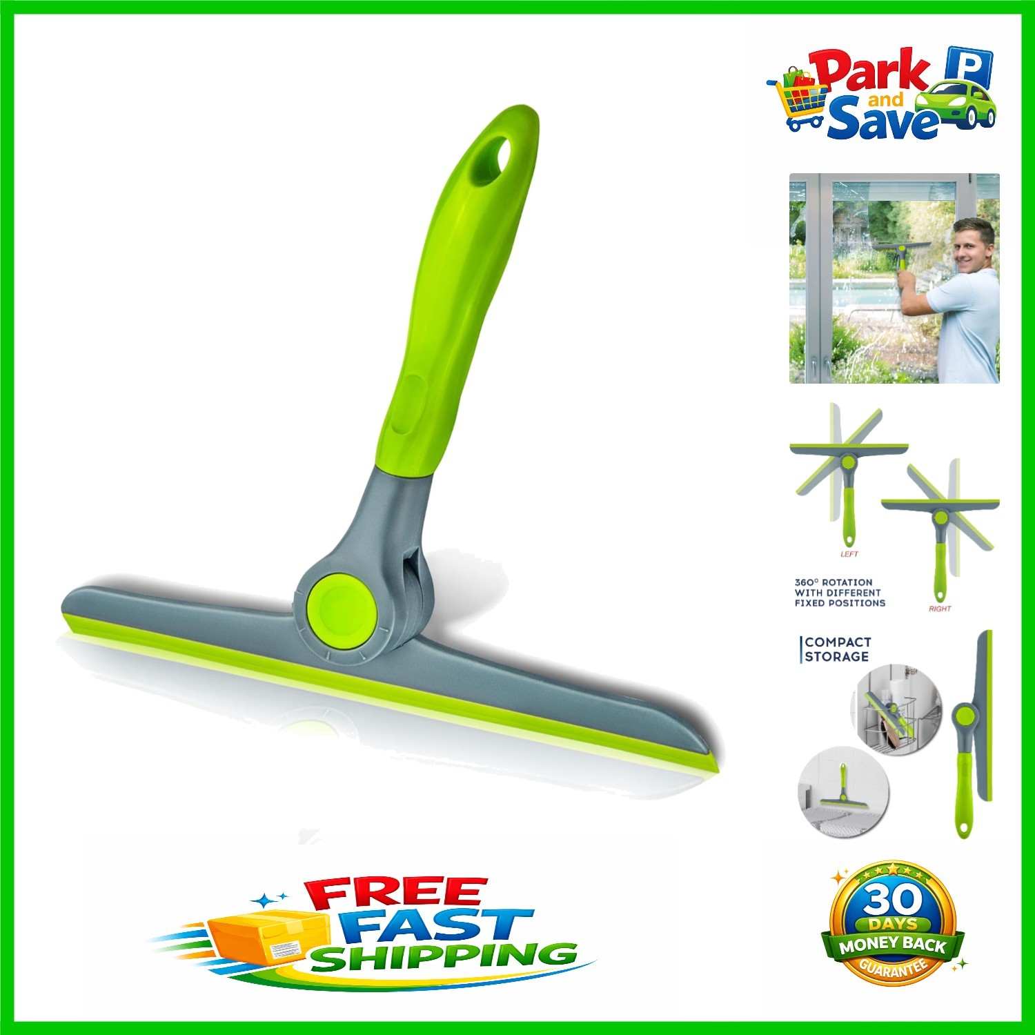 Compact 10″ Green & Grey Window Squeegee – Heavy Duty with Easy Grip Handle