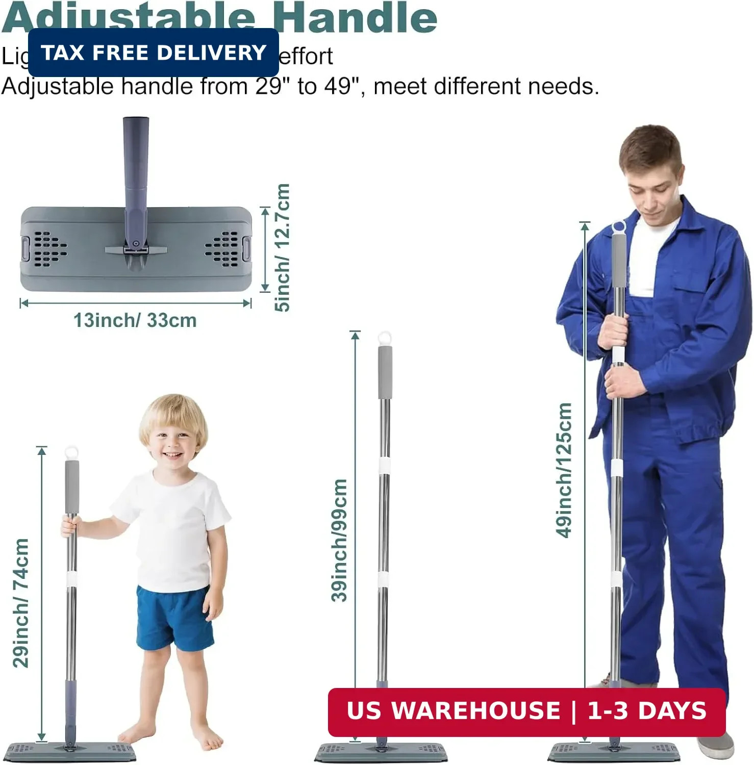 Flat Mop with 3 Pads, Microfiber Mops for Floor Cleaning Adjustable Handle 29-49