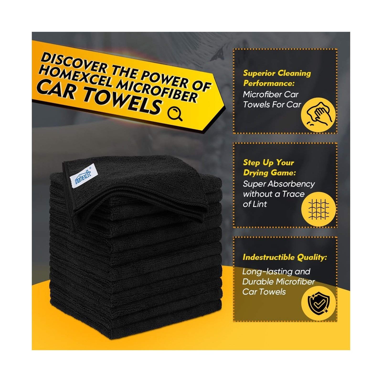HOMEXCEL Black Microfiber Cleaning Cloths 12 Pack, 12.5 x 12.5 inch Microfibe…