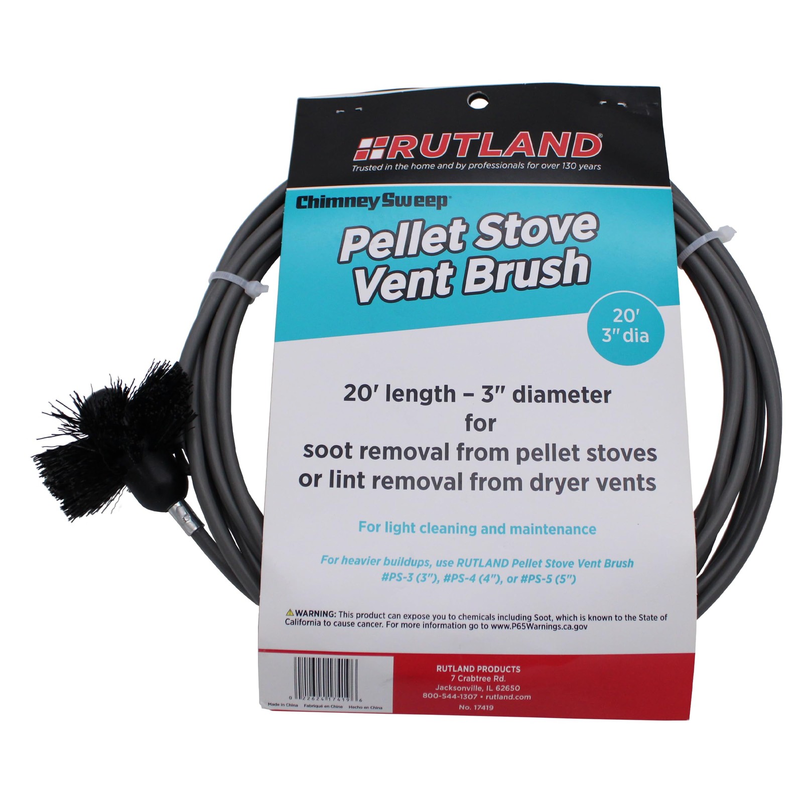 Rutland 3-Inch Pellet Stove/Dryer Vent Brush with 3″ 20′ Handle, Black