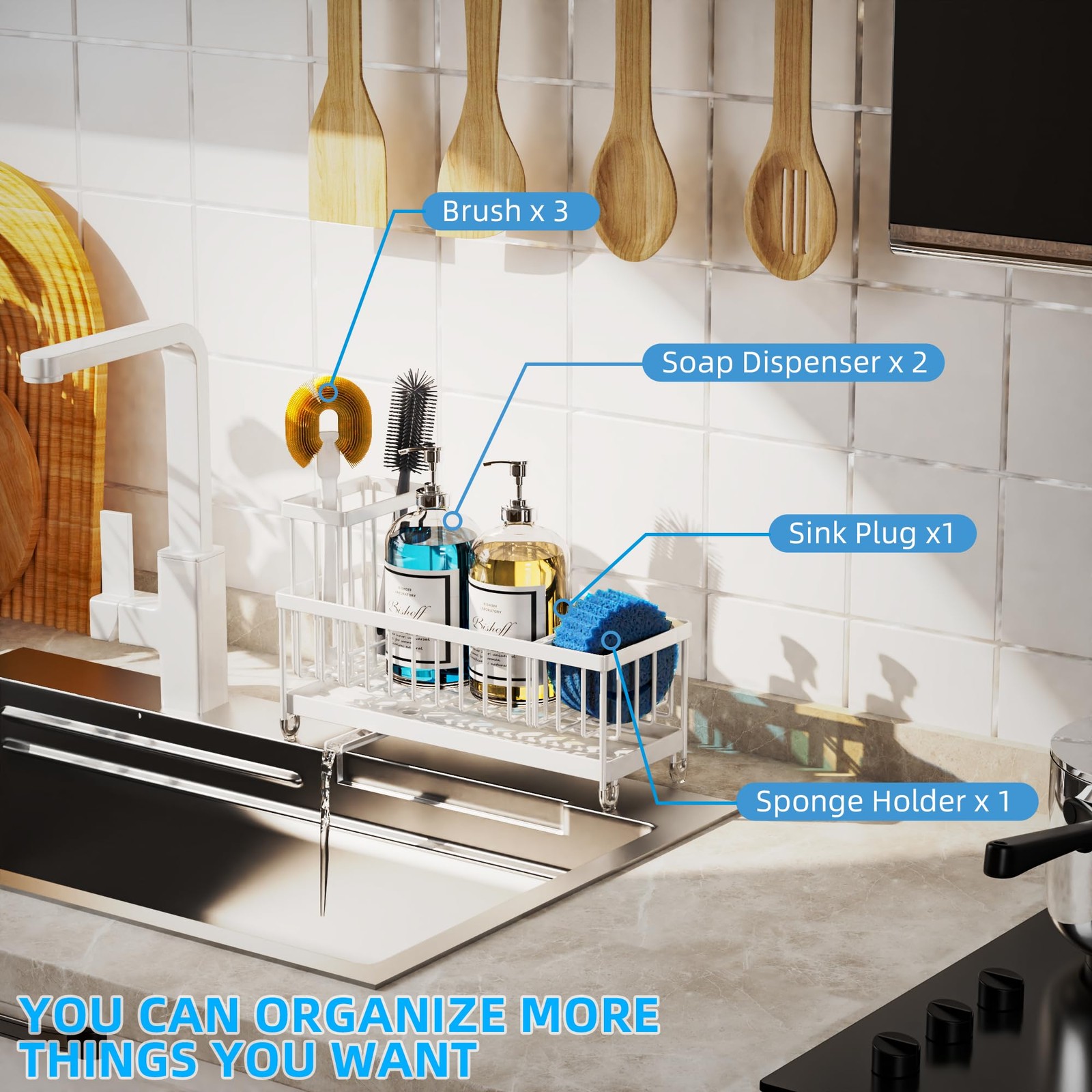 Moforoco Extra Large Kitchen Sink Caddy, Rustproof Sponge Holder XL, White