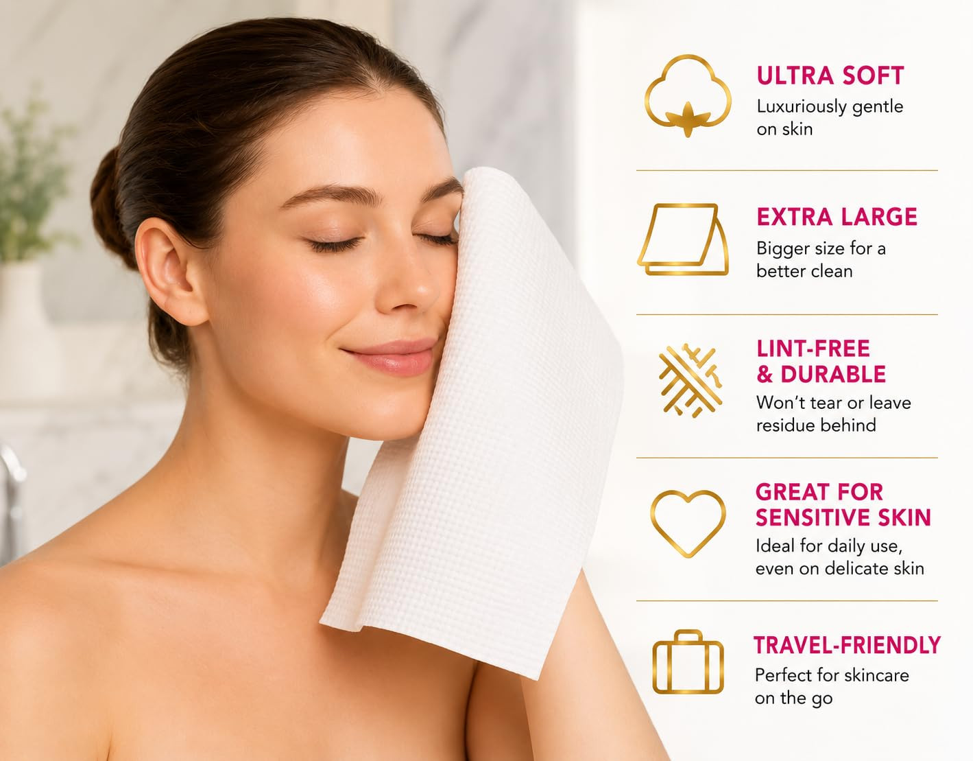 XL Disposable Face Towels – 50 Count Ultra-Soft Lint-Free Dry Facial Wipes, 100%