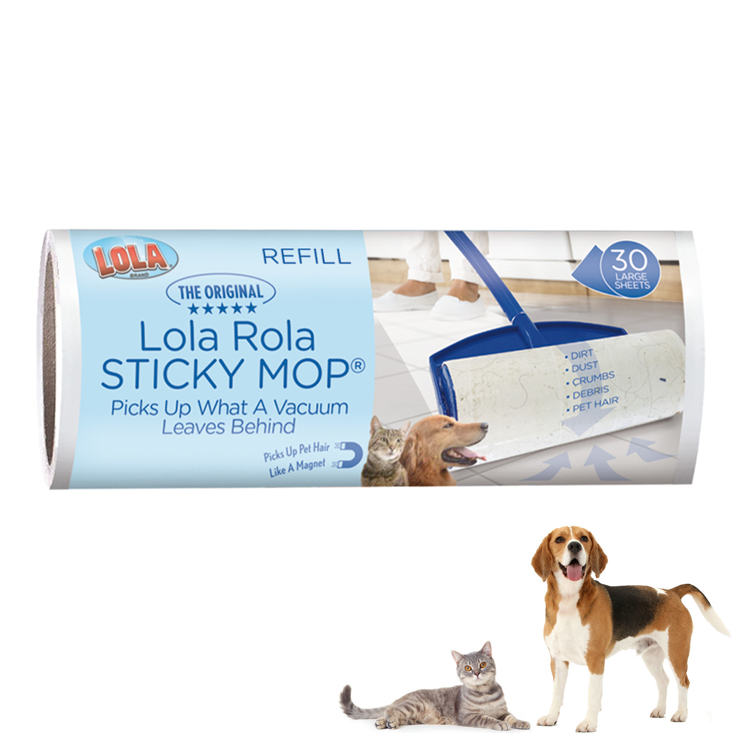 LOLA Rola PET Hair Remover Extra Sticky Large Mop 9” x 3.5”w/ Extender Handle
