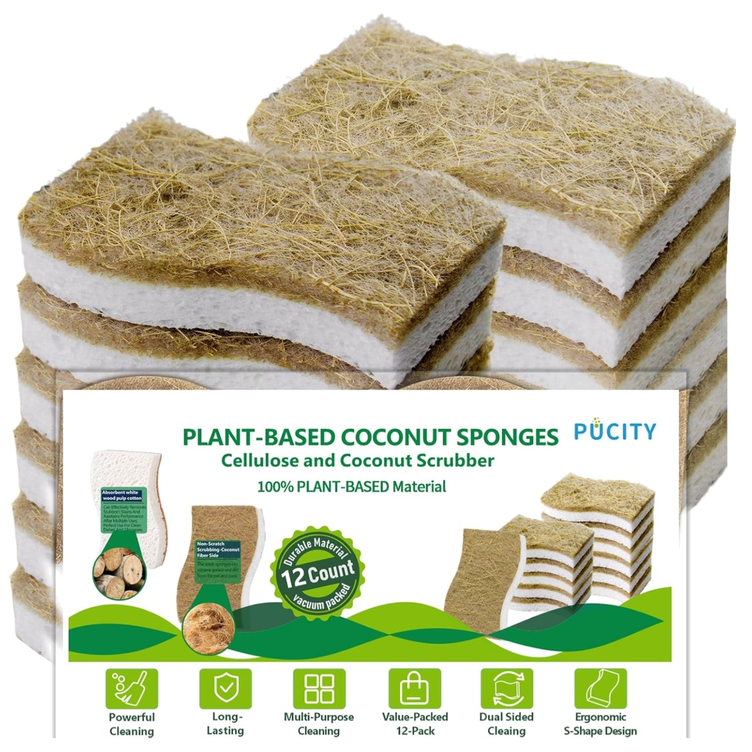 Natural Plant-Based Dish Sponges Pack of 12 Eco-Friendly Cellulose & Coconut …